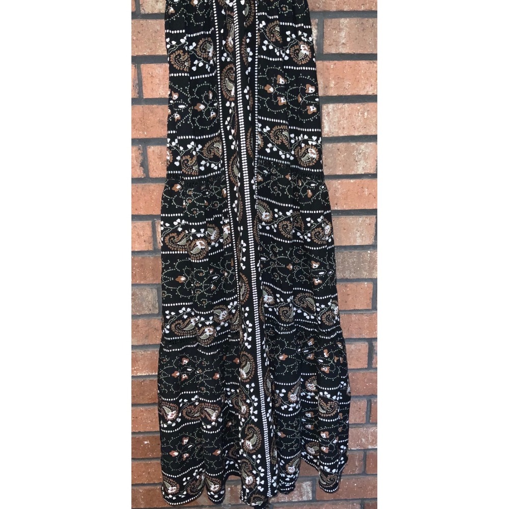Boho Paisley Floral Tiered Maxi Dress Black V-Neck Smocked Back Flutter Sleeve S - Picture 2 of 4